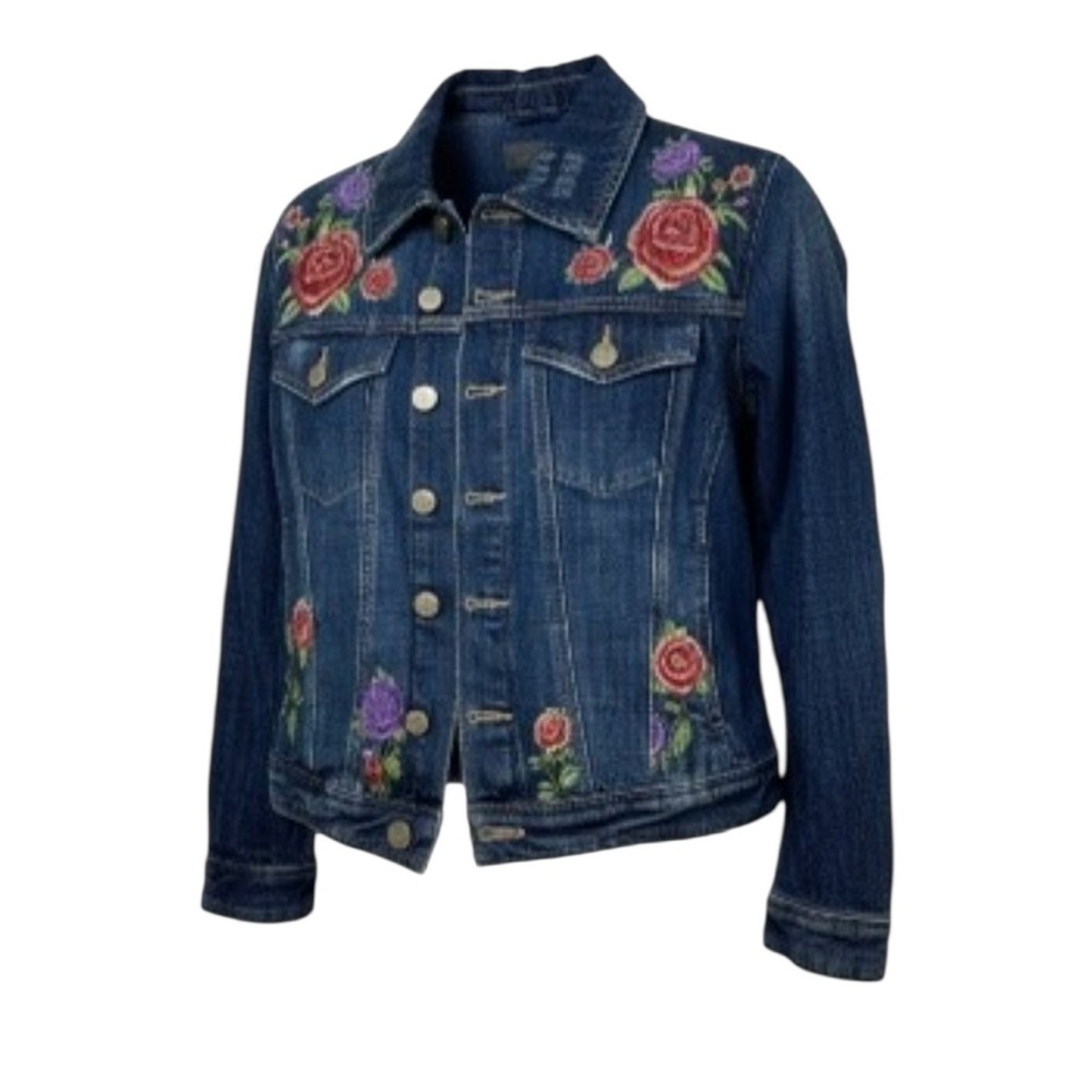 *BLANKNYC Floral Embroidered Denim Jean Jacket Womens Size XS Roses Distressed